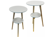ORION - 2 PACK - Retro Solid Wood Tripod Leg Round Table with Shelf - Natural / White