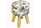 FLORAL - Rose Patterned Upholstered Stool with Wood Legs - White / Pink / Green