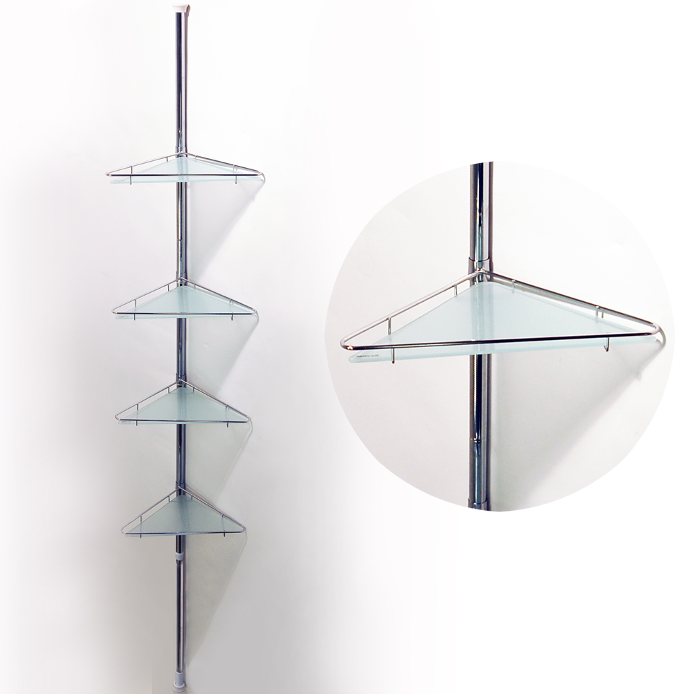 POLE - Extending Telescopic Four Tier Metal and Glass Corner Wall Shelves - Silver