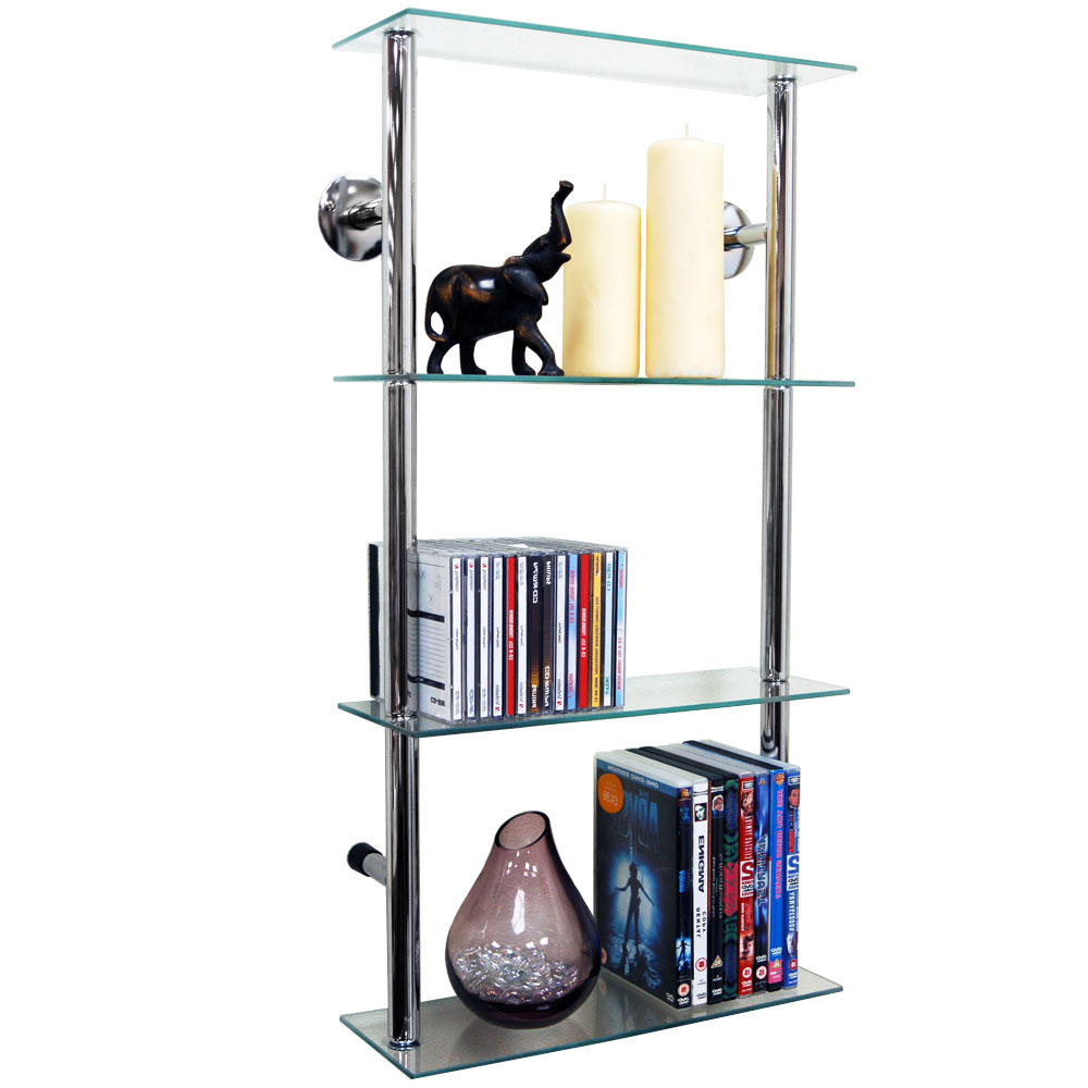 MAXWELL - Wall Mounted 4 Tier Glass 90 CD / 60 DVD Storage Shelves - Clear / Silver