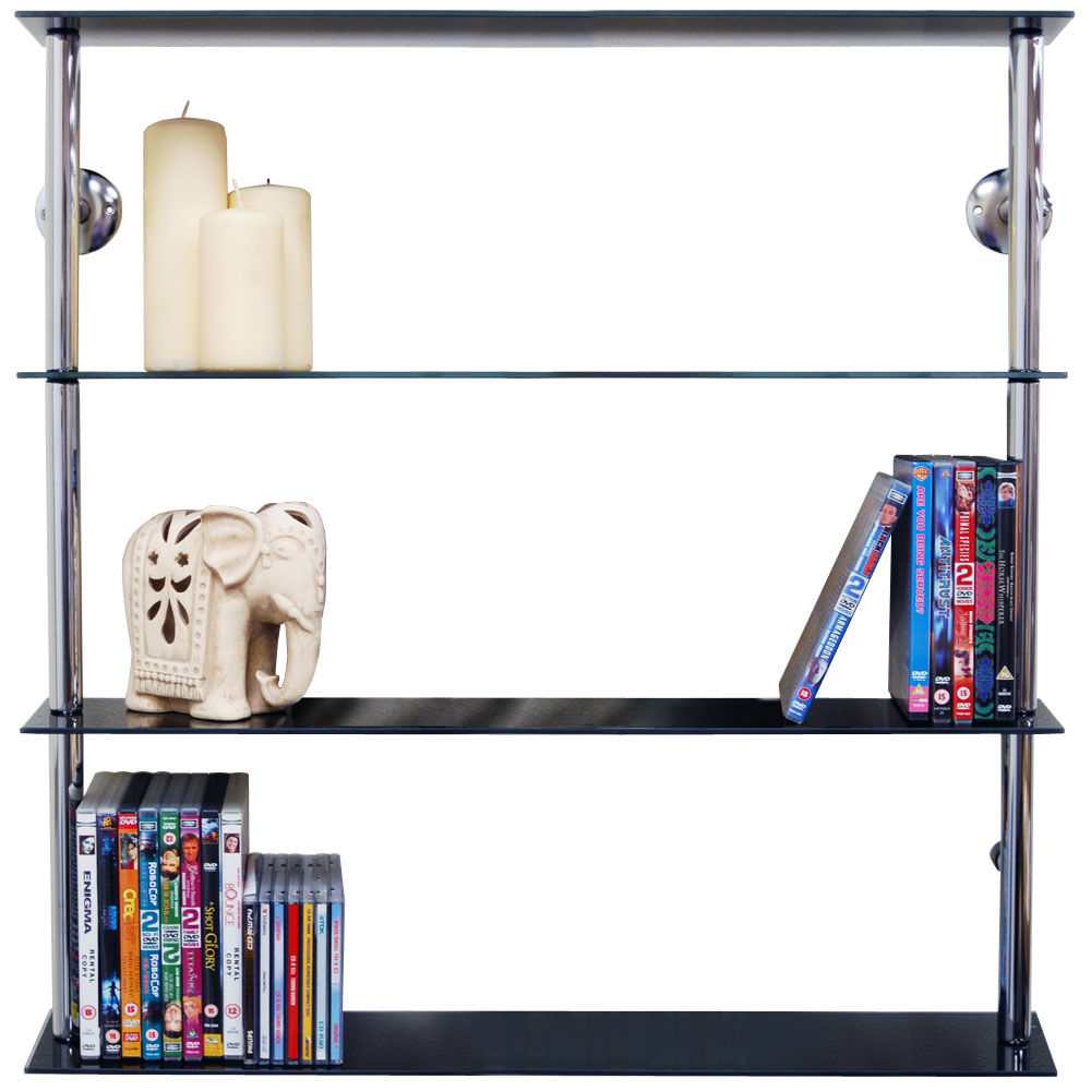 MAXWELL - Wall Mounted Wide Glass 195 CD / 140 DVD Storage Shelves - Black / Silver