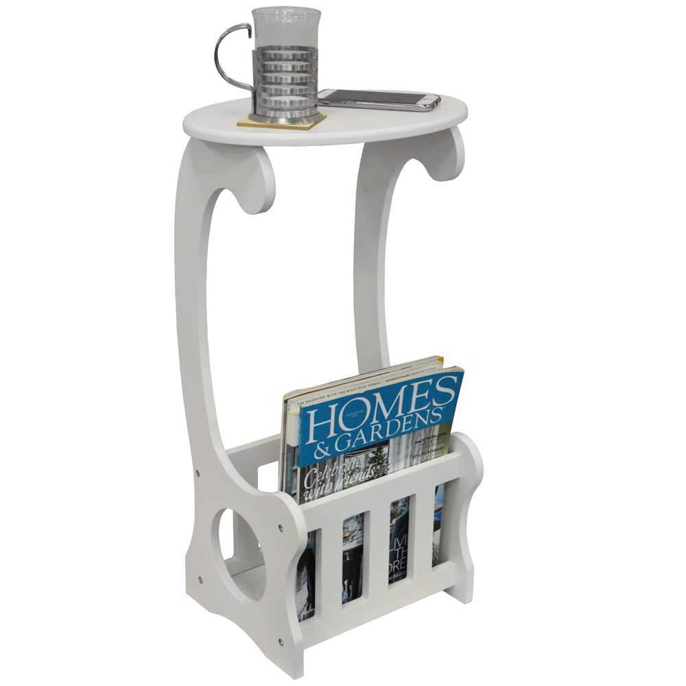 SCROLL - Side / End / Bedside Table with Magazine / Book Storage Rack - White