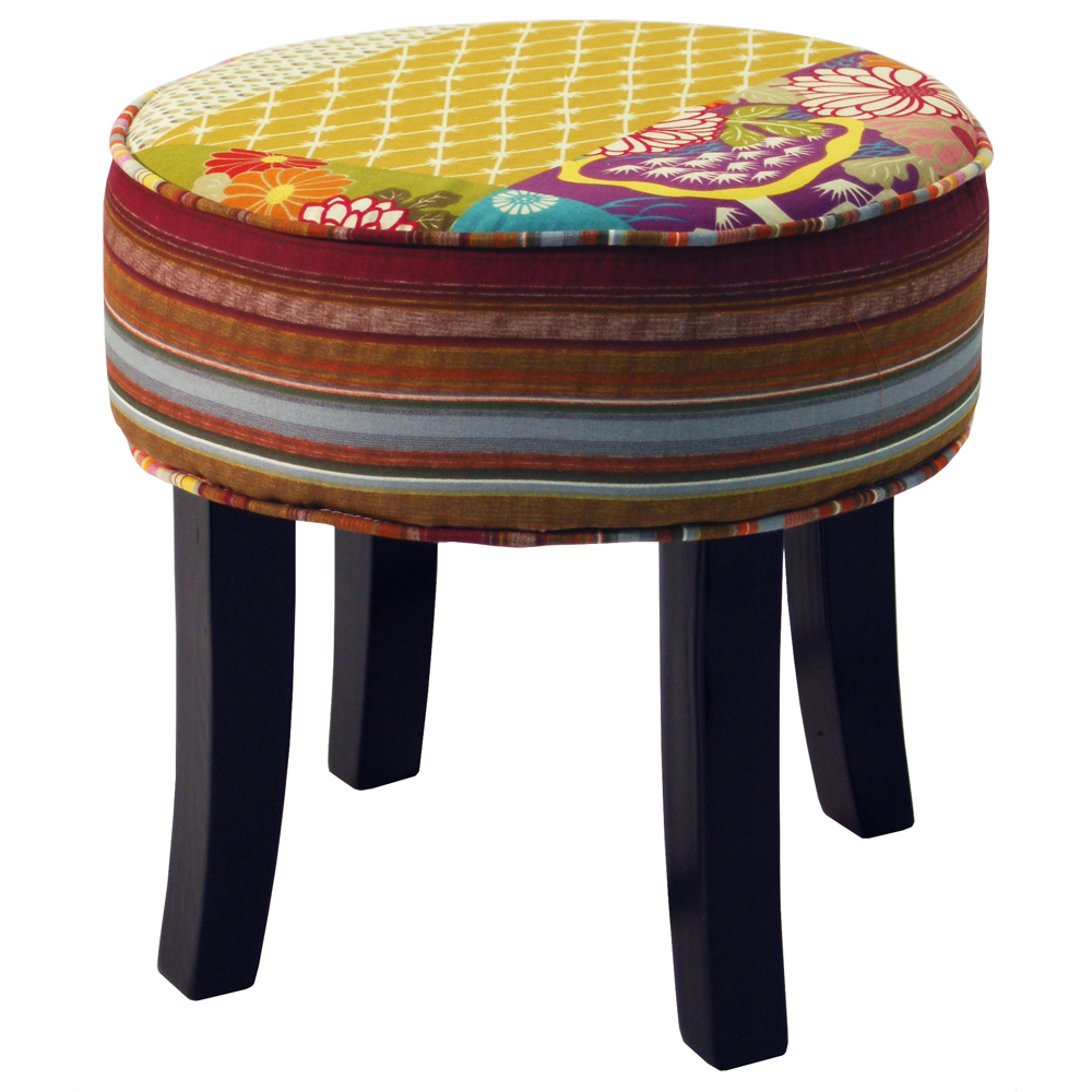 PATCHWORK - Shabby Chic Round Pouffe Padded Stool /Wood Legs - Multi-coloured