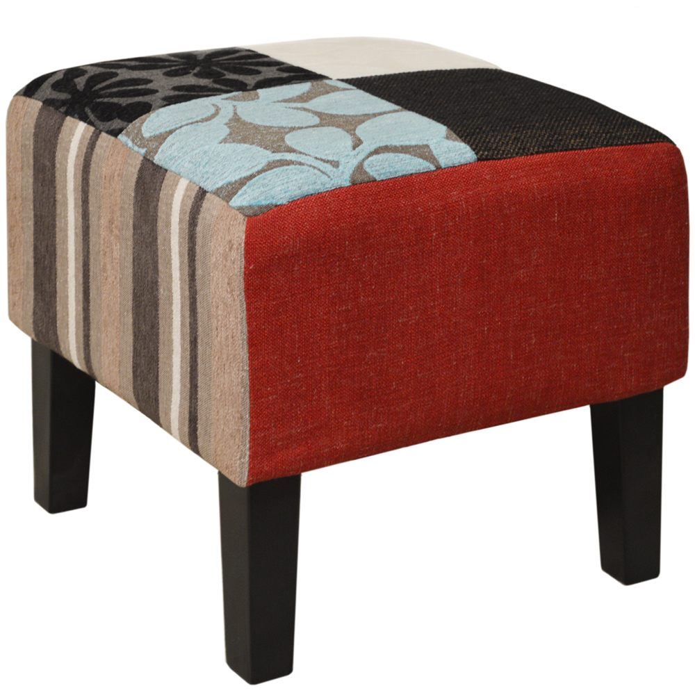 PLUSH PATCHWORK - Shabby Chic Square Pouffe Stool / Wood Legs - Blue / Green / Red