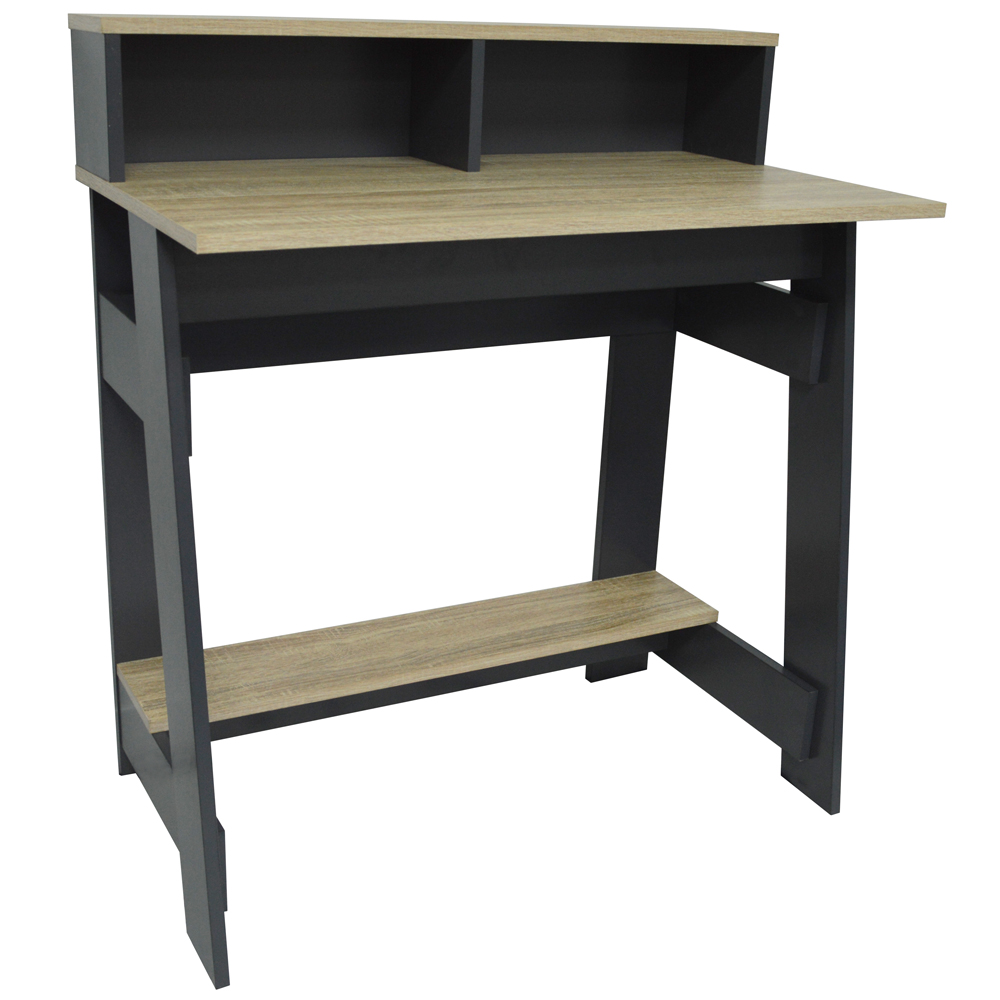 Office Desk With Two Cubbies And Shelf - Light Oak / Dark Grey