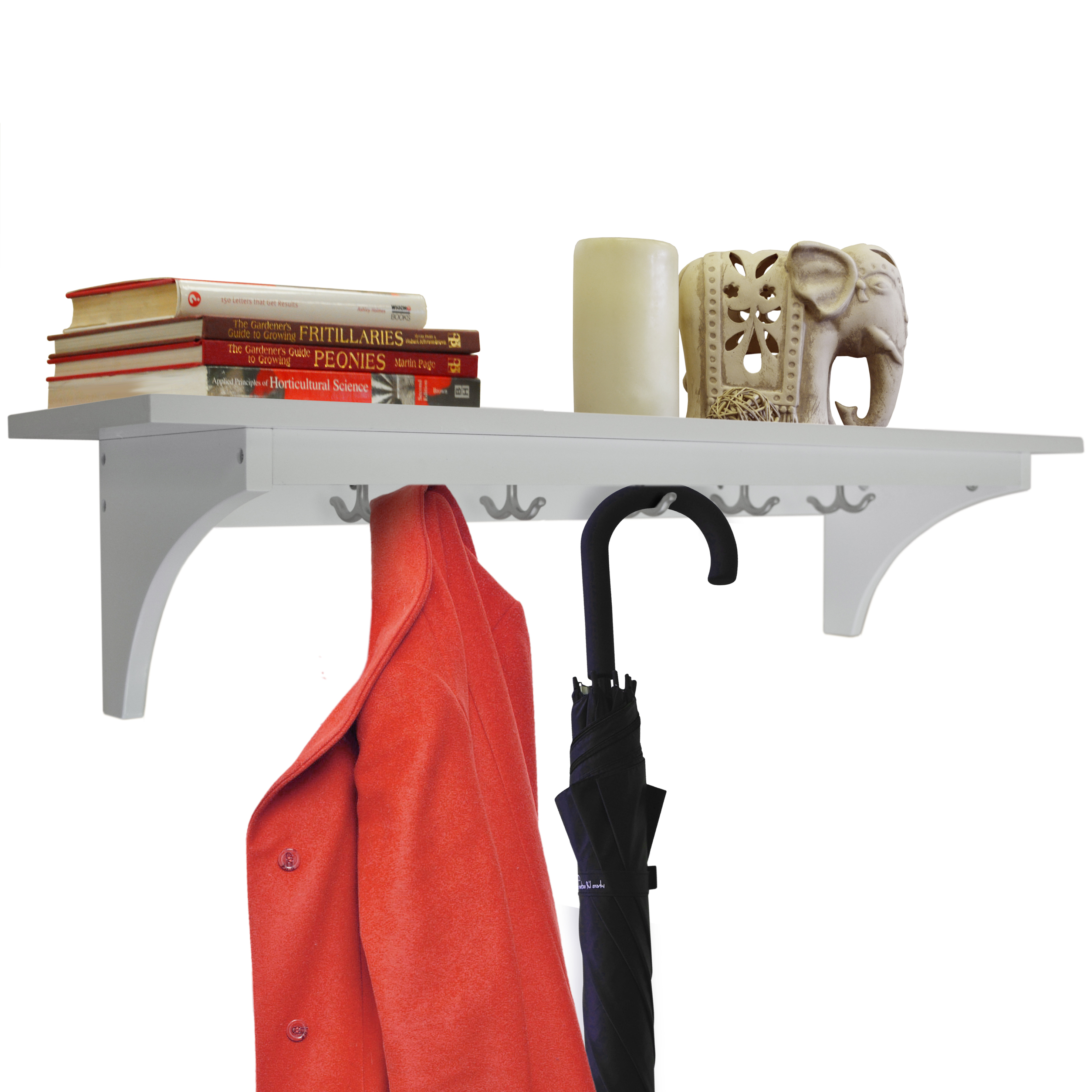 MEDFORD - 90cm Wall Storage Shelf with 5 Hooks / Hallway Coat Rack / Towel Shelf - White