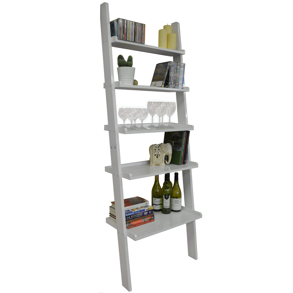 OATES - Ladder 5 Tier Wall Leaning Storage Shelves - Gloss White