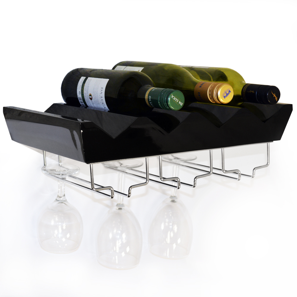 MONTEREY - 4 Bottle Wall Mounted Floating Wine Storage Shelf - Black