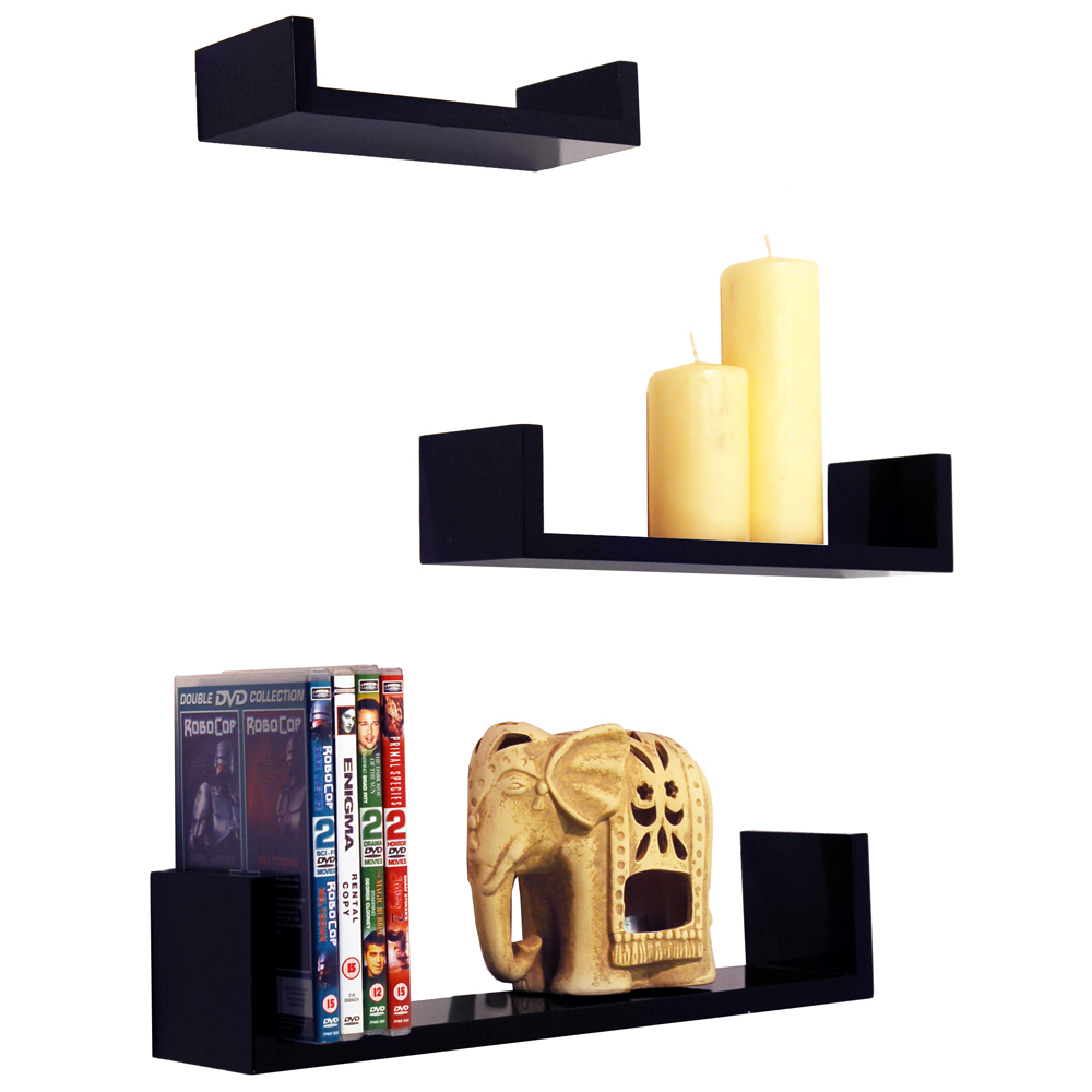 MELODY - Wall Mounted Floating Gloss Display Storage Shelves - Set of 3 - Black