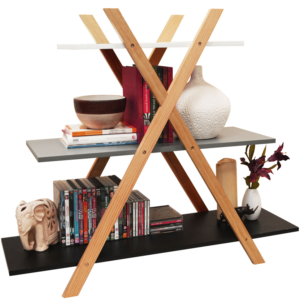 AVONE - Retro 3 Tier Wood Cross X Frame Storage Shelf Bookcase - White / Grey / Black