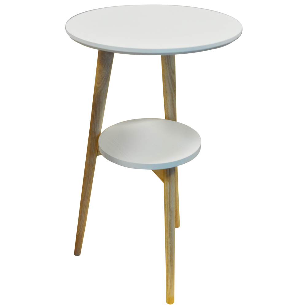 ORION - Retro Solid Wood Tripod Leg Round Table with Shelf - Natural / White