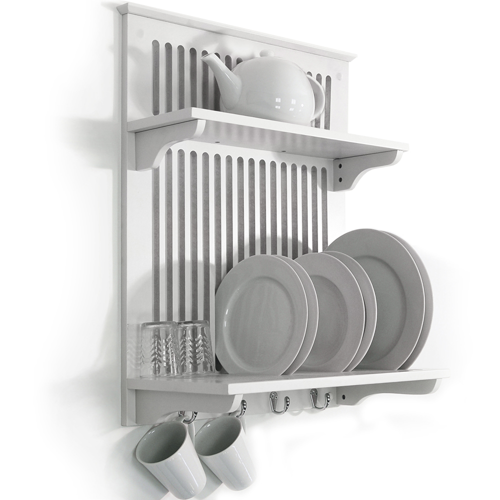 NOVEL - Kitchen Plate Bowl Cup Display / Wall Rack Shelves with Hooks - White