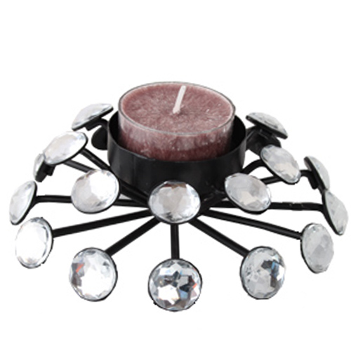 STARBURST - Metal and Crystal Round Single Candle / Tea light Holder - Black