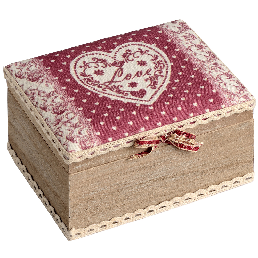 LOVE - Wood and Fabric Trinket / Jewellery Box - Red / Brown