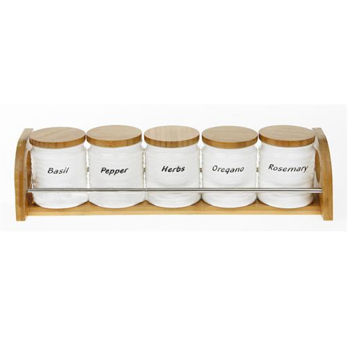 5 Ceramic Herb Jars with Wood Stand  - White / Brown