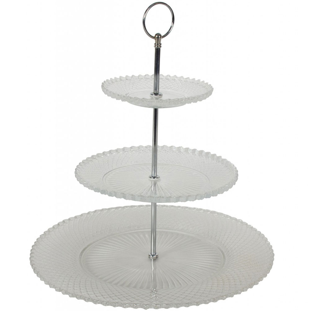 3 Tier Glass Cake Stand with Silver Metal Frame and Handle