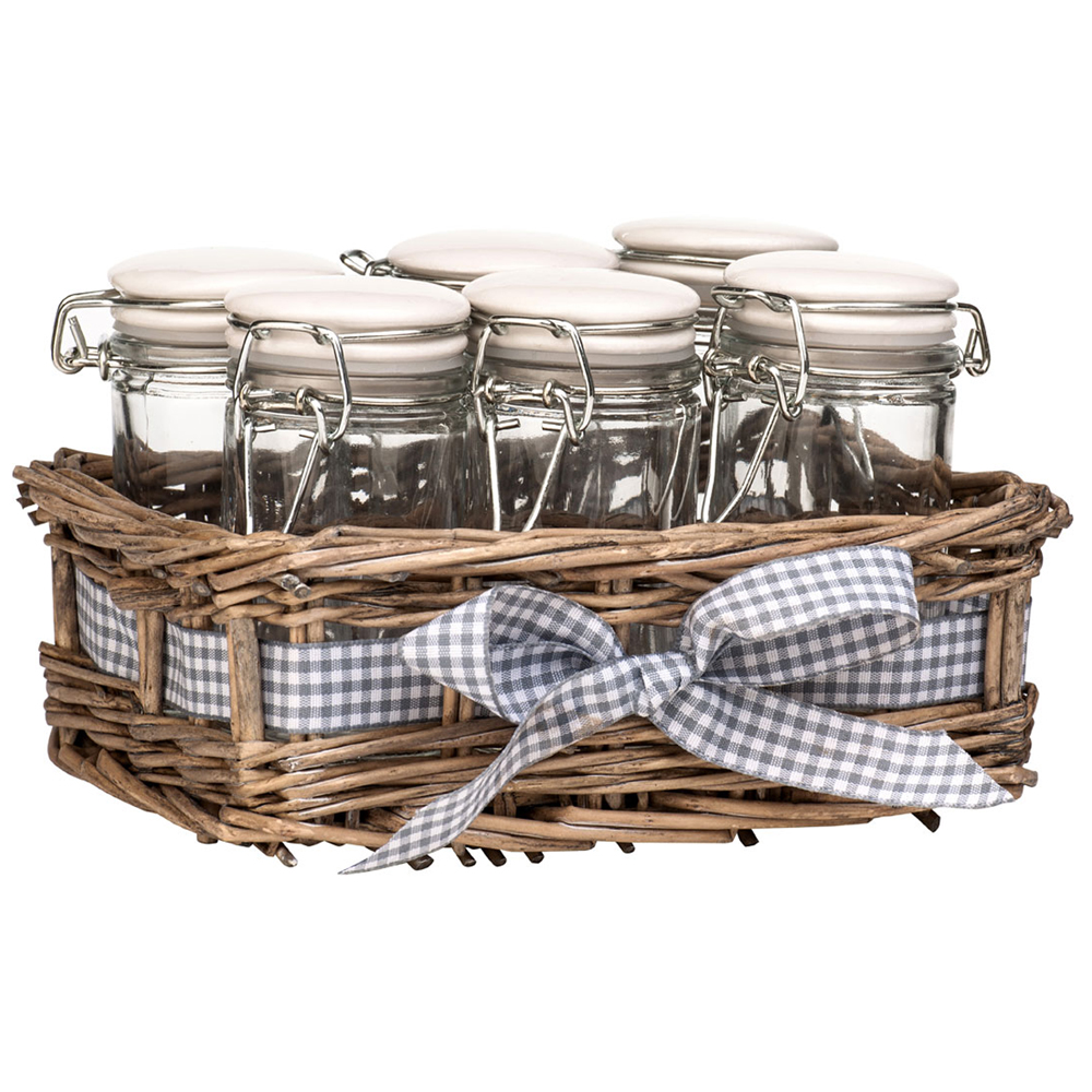 COUNTRY COTTAGE - Set of 6 Spice Jars in Willow Gingham Basket - Brown / White / Blue